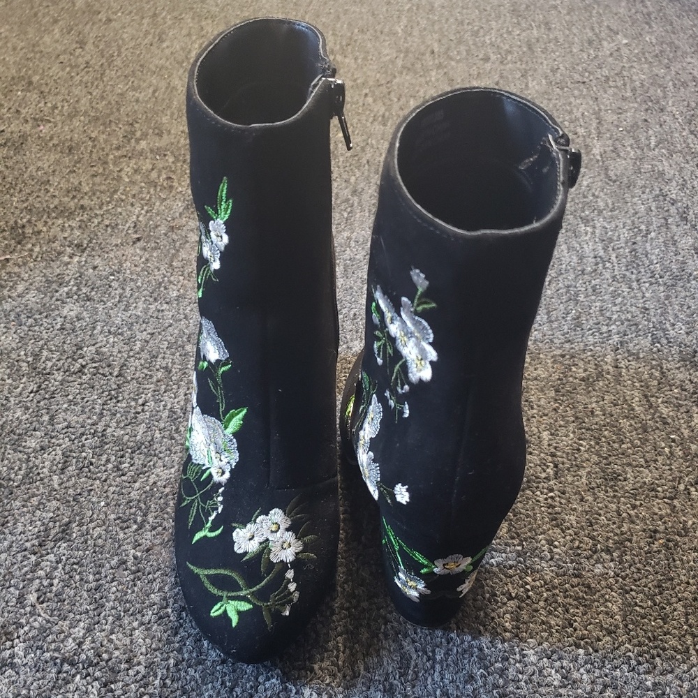 Faux Suede Floral Embroidered Boots